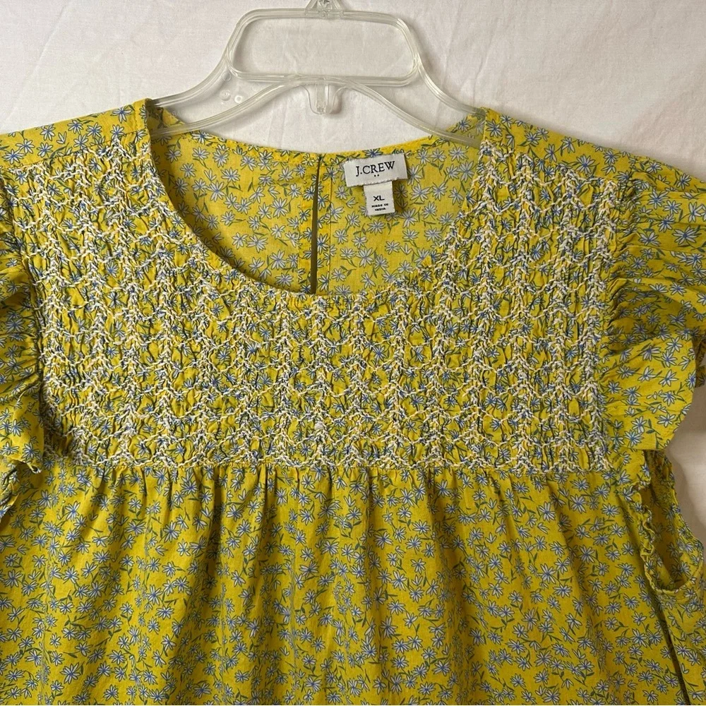 J.Crew XL Yellow Floral Smocked Top Ruffle Sleeve Peplum Blouse - Picture 4 of 7